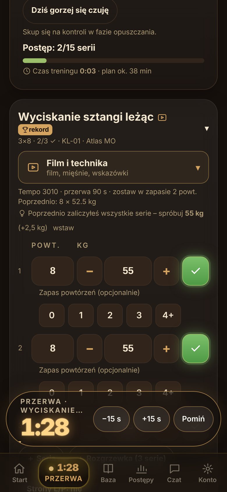 Ekran aplikacji MO: Trening
